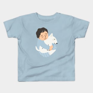 Adorable boy hugging lovely puppy for dog lover. Kids T-Shirt